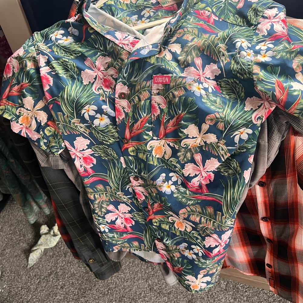 Dixxon Floral Short-Sleeve - Blue with Pink & Green Tropical Print XL